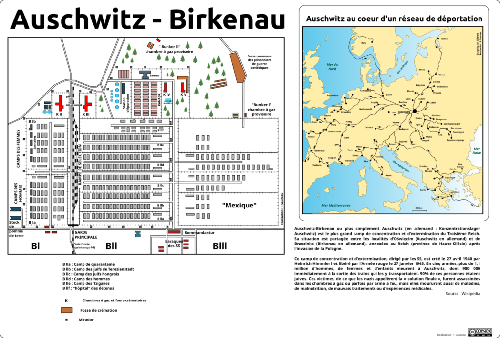 Fiche de synthèse avec le plan du camps d'Auschwitz - Birkenau à gauche et la carte d'Europe montrant les chemin de fer convergeant vers le camp à droite