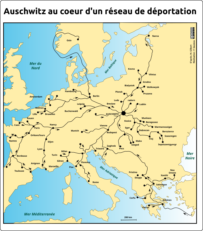 Carte d'Europe montrant les lignes de chemins de fer convergeant vers Auschwitz.