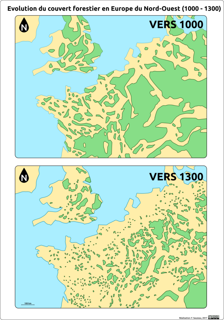 Cartes couleur du couvert forestier en Europe du Nord-Ouest. La première carte montre la situation en 1000 et la seconde en 1300.