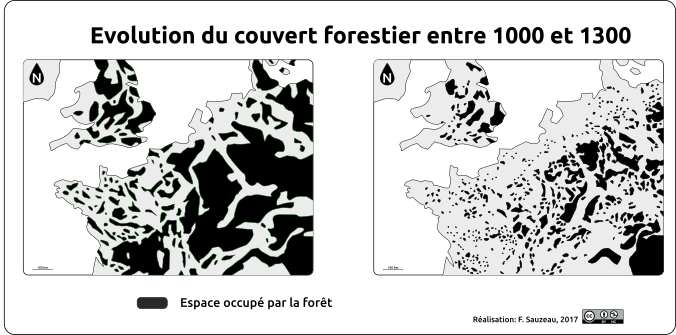 Cartes noir et blanc du couvert forestier en Europe du Nord-Ouest. La première carte montre la situation en 1000 et la seconde en 1300. 