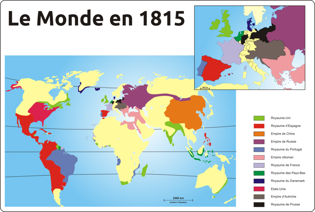 planisphère du monde colonisé en 1815 avec détail sur l'Europe