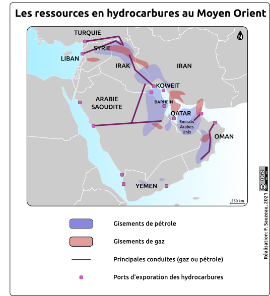 Carte de la répartition des ressources en Hydrocarbures au Moyen Orient

