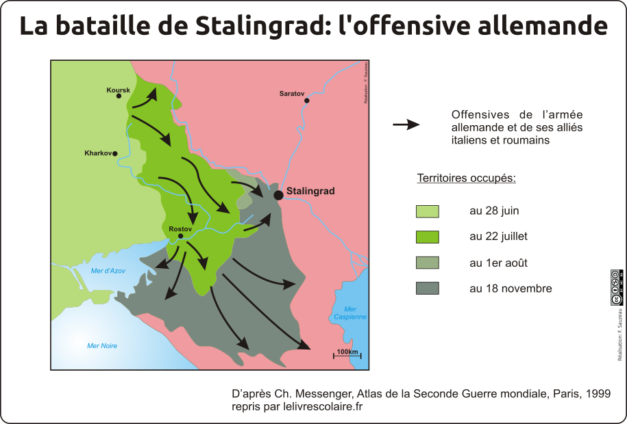 Carte montrant l'offensive allemande vers le Caucase et Stalingrad (été 1942)