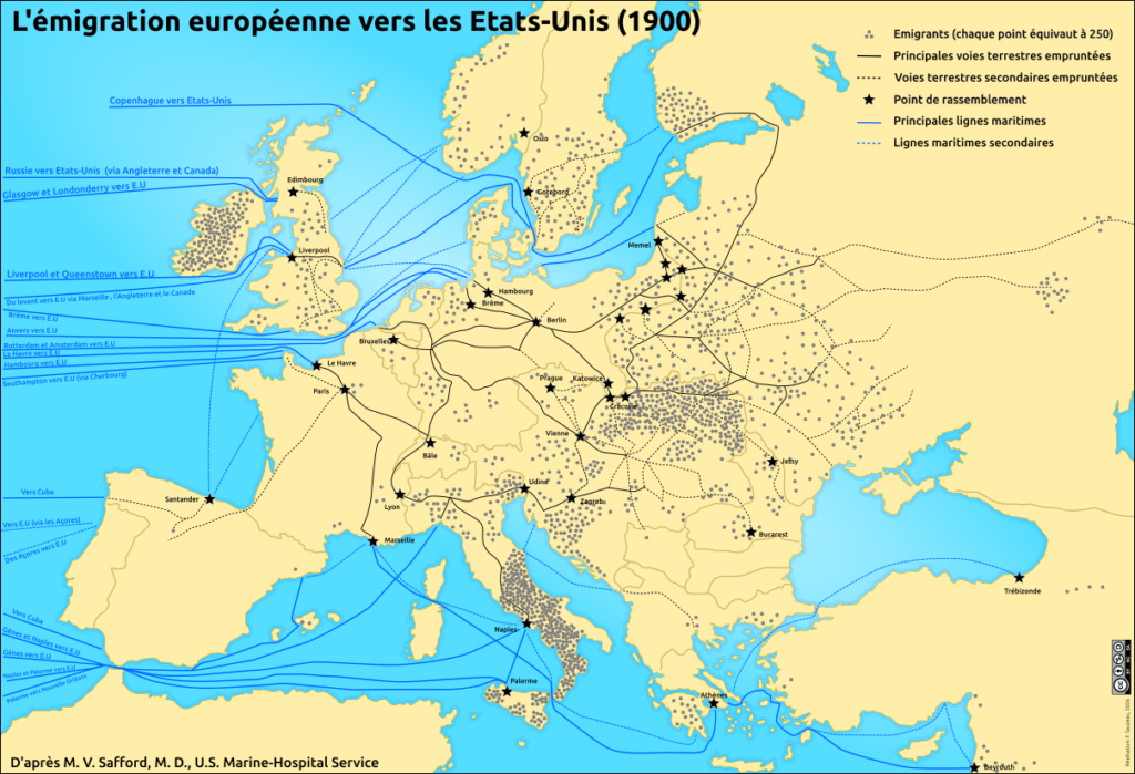 Carte de l'émigration européenne vers les Etats-Unis en 1900