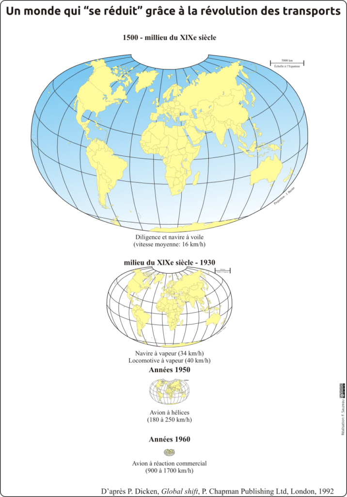 série de planisphère montrant la variation des temps e parcours à l'échelle du globe
