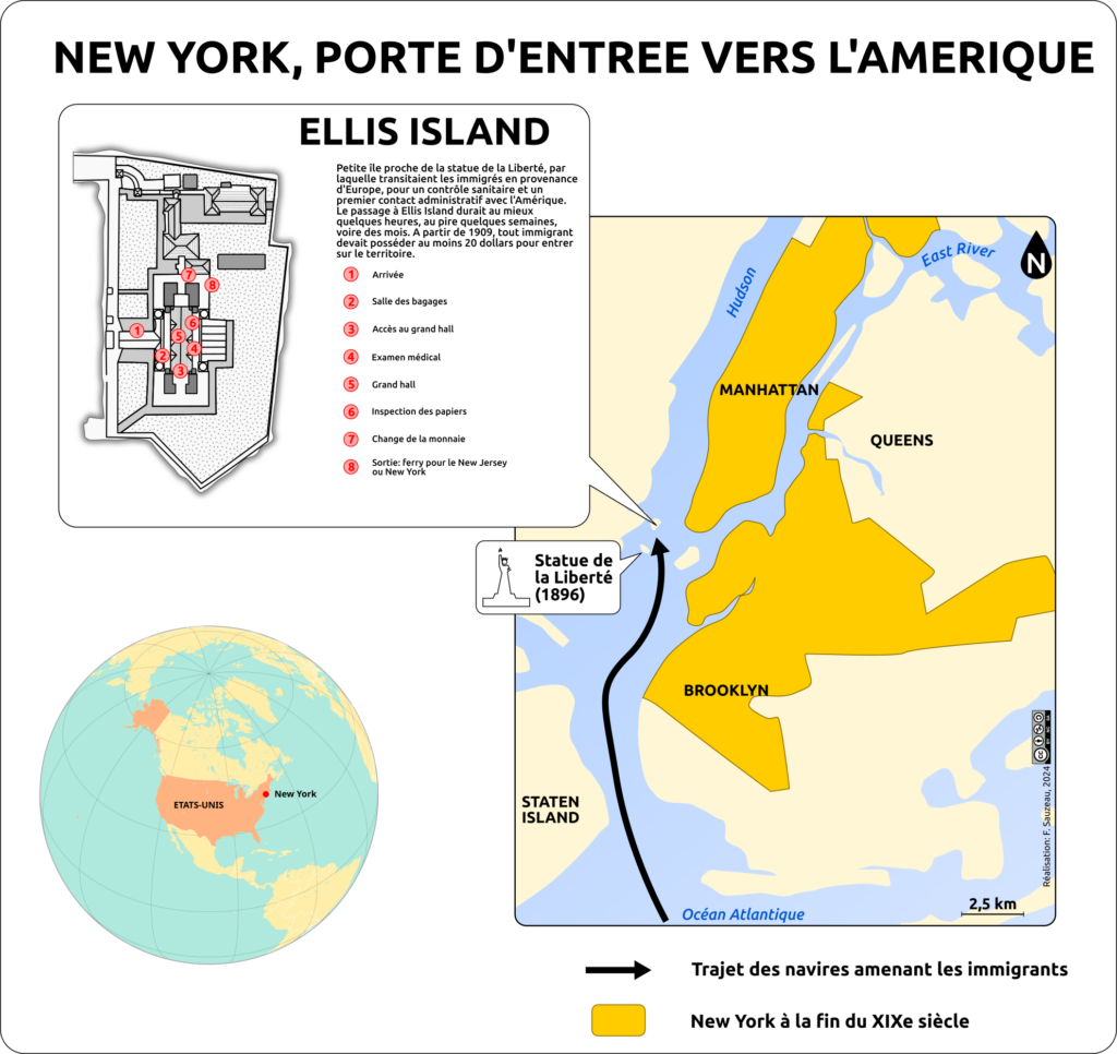Schéma représentant le plan d'Ellis Island, une carte de localisation de New York et le plan du port de New York