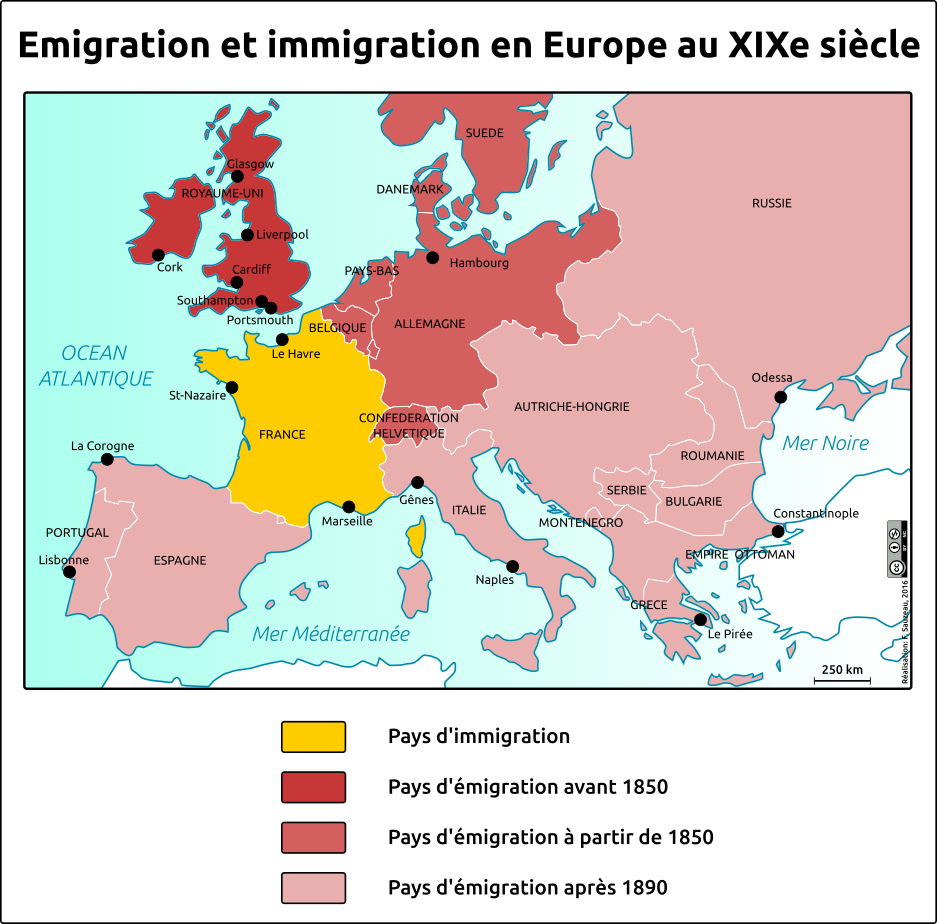 carte de l'Europe représentant les pays d'émigration en dégradé de bordeaux et les pays d'immigration en jaune