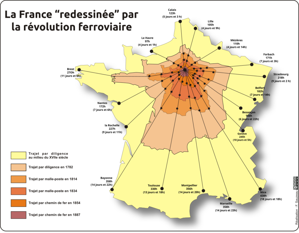 carte isochrone de la France "redessinée" par les transports au XIXe siècle