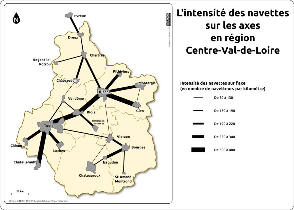 carte de l'intensité des navettes sur les axes dans la régions Centre val de Loire