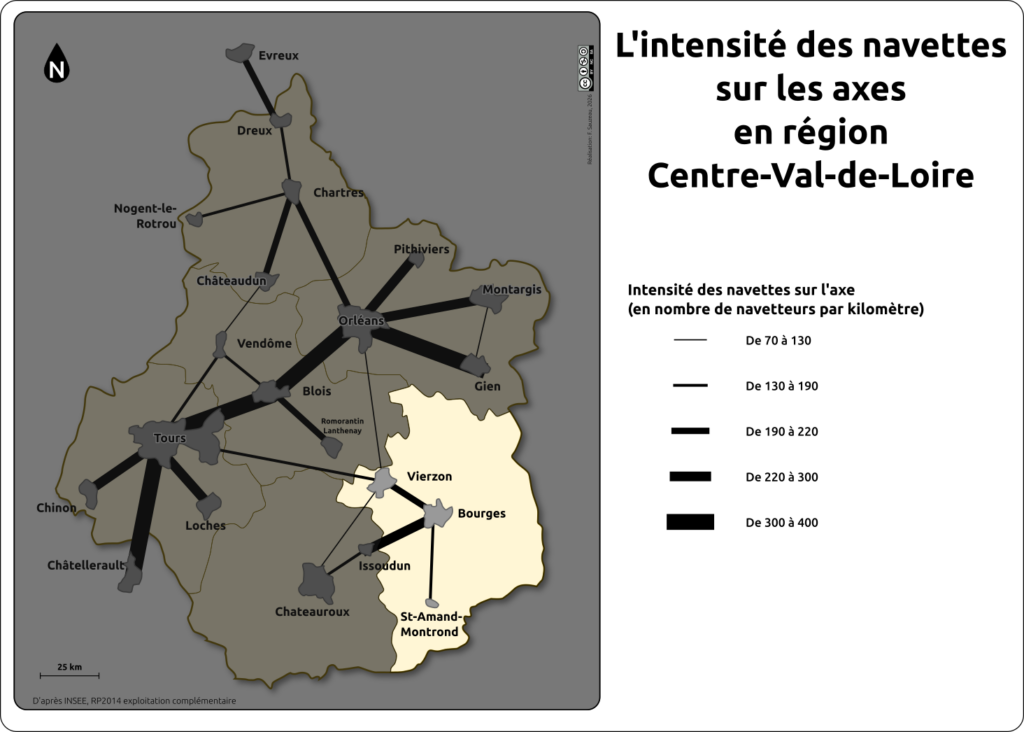 carte de l'intensité des navettes sur les axes dans la régions Centre val de Loire - zoom sur le Cher