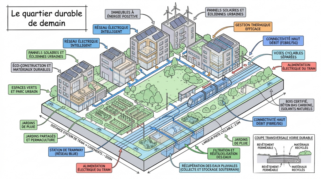 schéma 3D isométrique d'un quartier durable