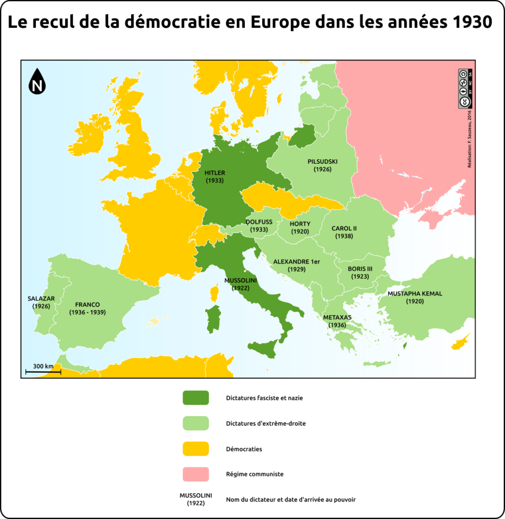 carte du recul de la démocratie en Europe dans les années 1930