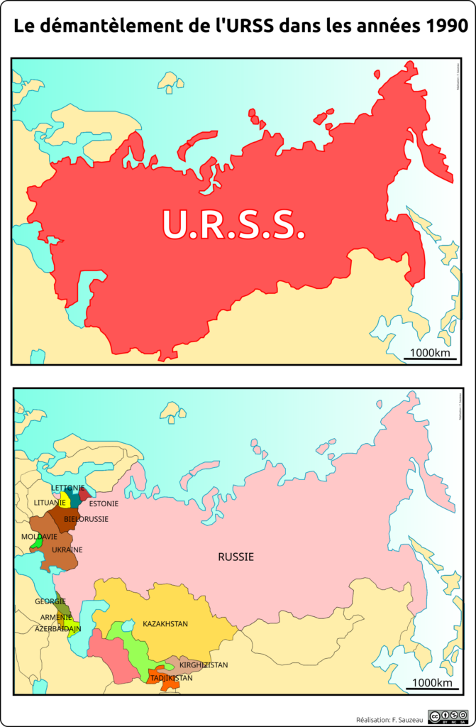 Superposition de la carte de l'URSS et de la carte des États composants l'ancienne URSS