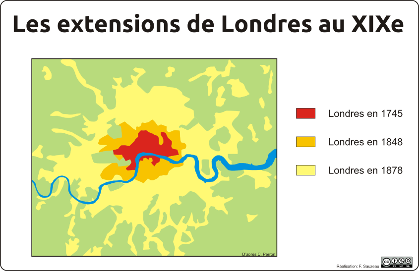 carte de synthèse montrant les extensions de Londres au XIXe siècle