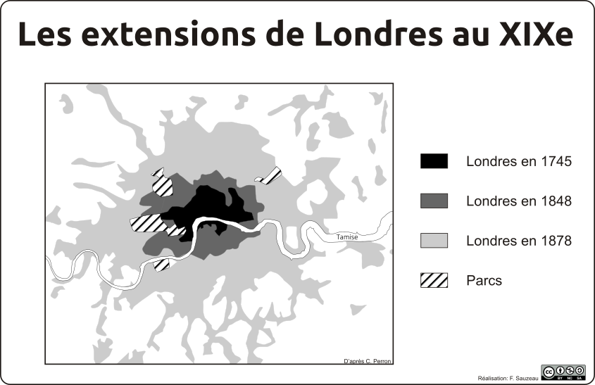 carte de synthèse noir et blanc montrant les extensions de Londres au XIXe siècle