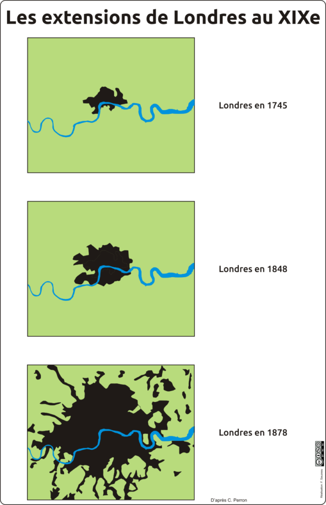 Série de trois cartes montrant l'extension de Londres en 1745, 1848 et 1878