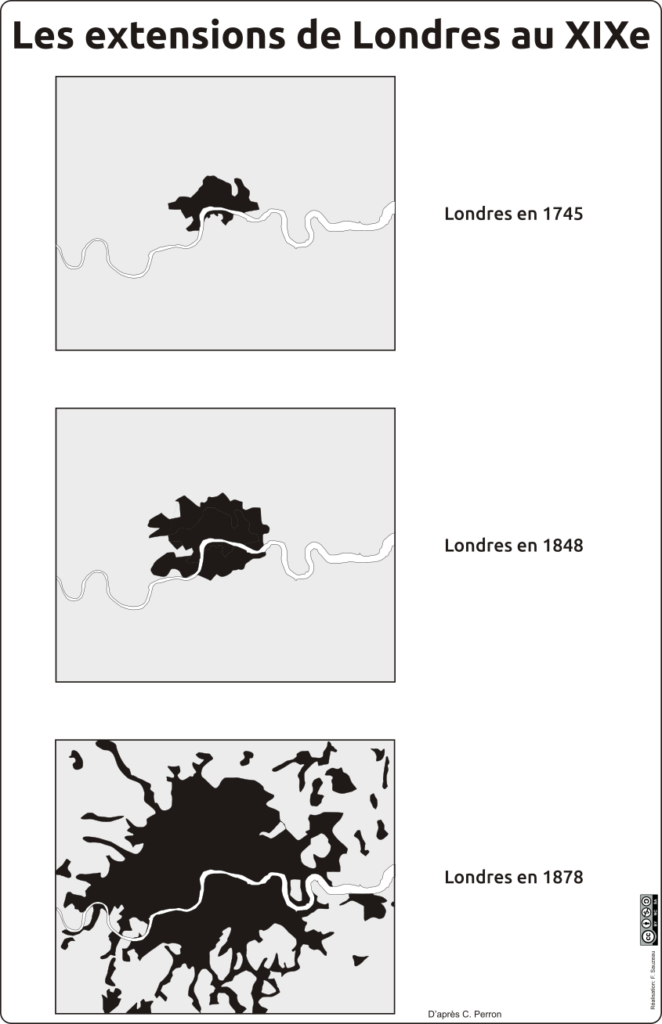 Série de trois cartes noir et blanc montrant l'extension de Londres en 1745, 1848 et 1878