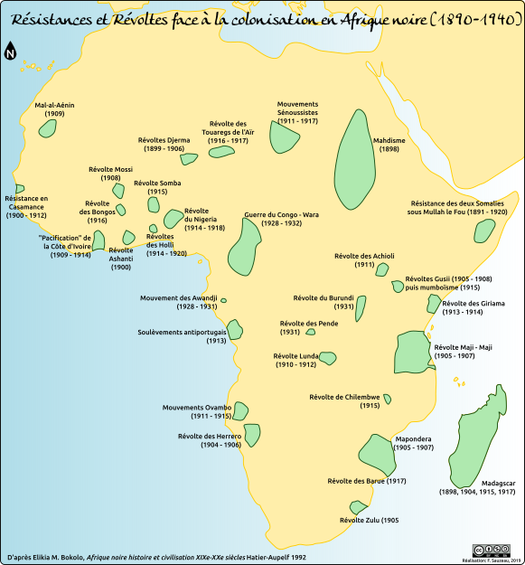 Carte des résistances et des révoltes face à la colonisation en Afrique noire (1890-1940)