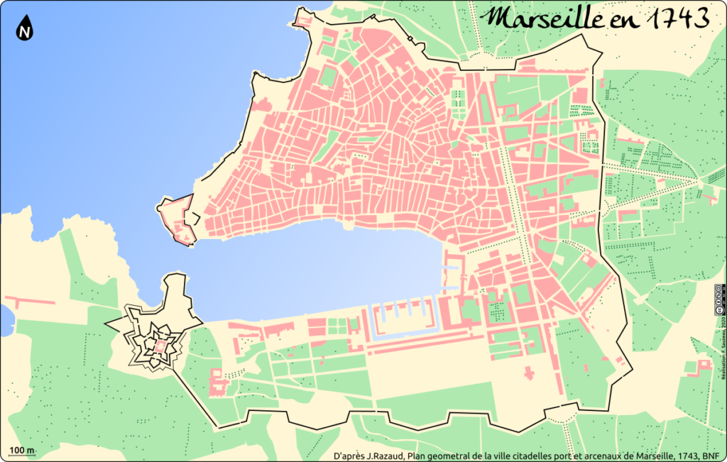 Plan de Marseille en 1743 d'après J.Razaud, Plan geometral de la ville citadelles port et arcenaux de Marseille, 1743, BNF