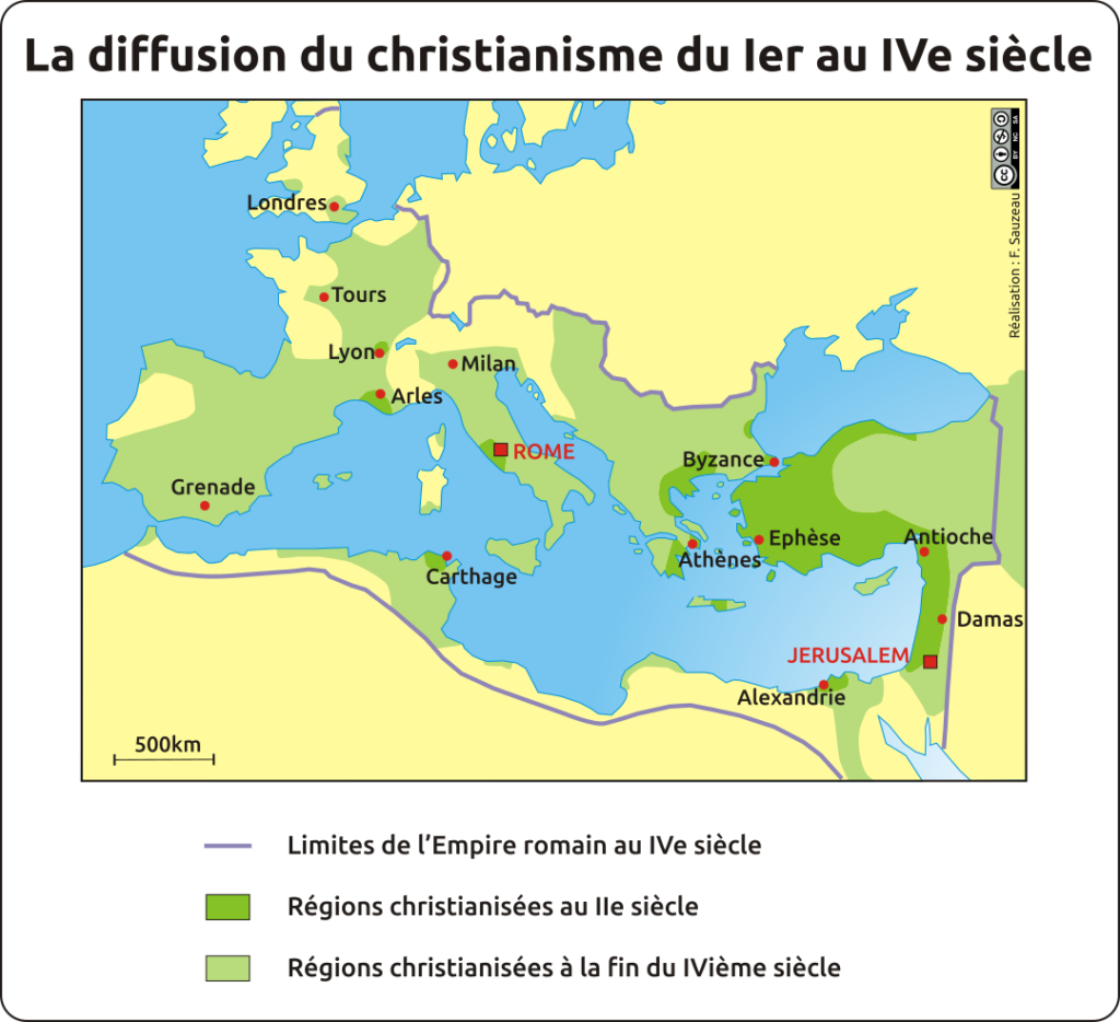 Carte représentant la diffusion du christianisme autour de la Méditerranée entre le 1er et le 4e siècle.