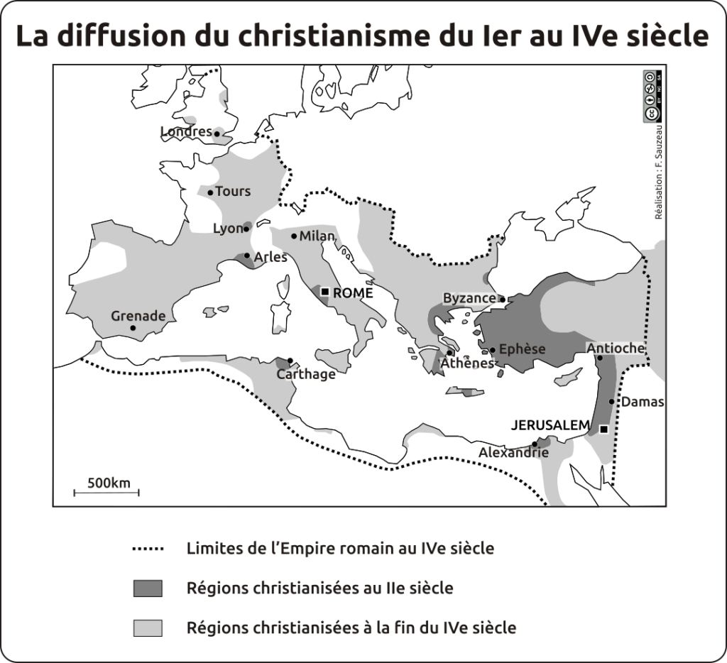 Carte noir et blanc de la diffusion du christianisme autour de la Méditerranée entre le 1er et 4e siècle