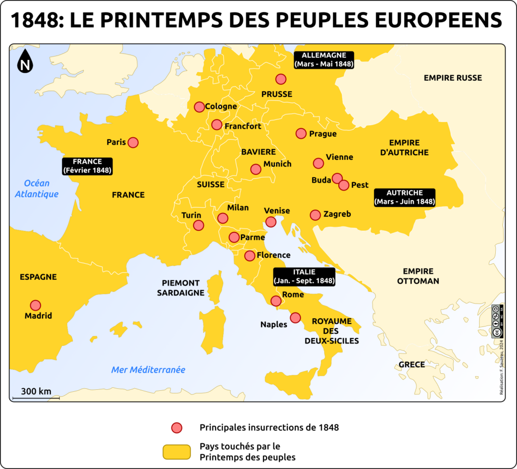 carte de l'Europe représentant les insurrections et révolution de 1848.