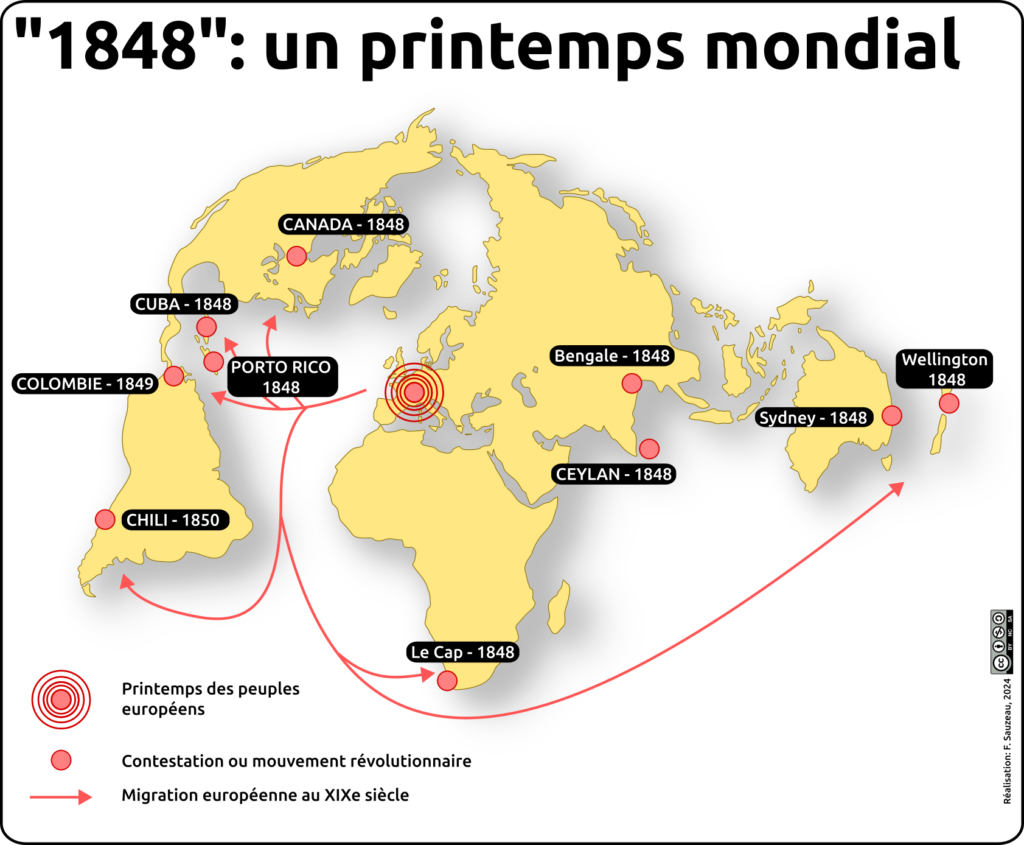 planisphère représentant les insurrections et révolution de 1848.