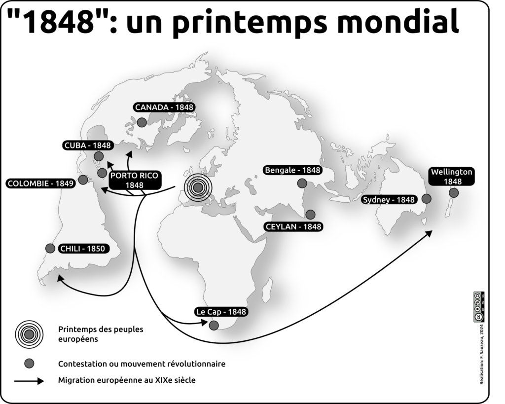 planisphère en noir et blanc représentant les insurrections et révolution de 1848.