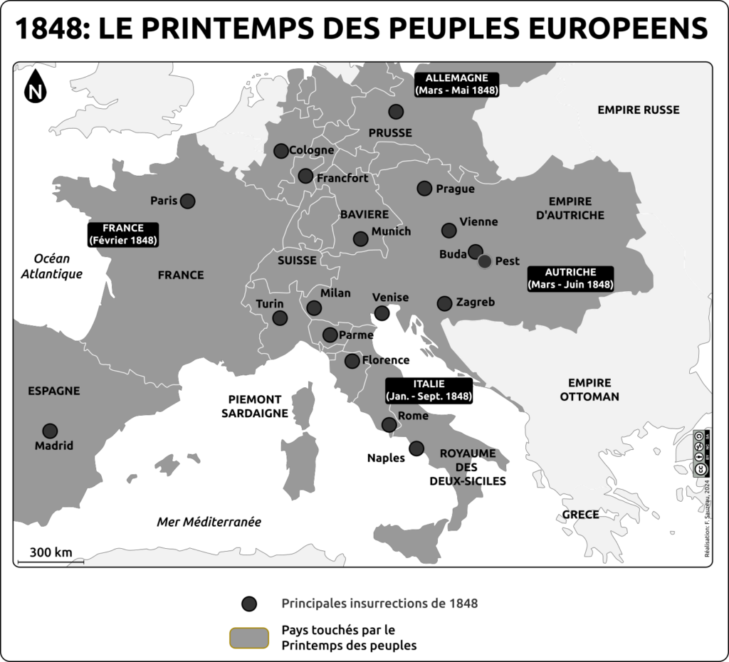 carte de l'Europe en noir et blanc représentant les insurrections et révolution de 1848.