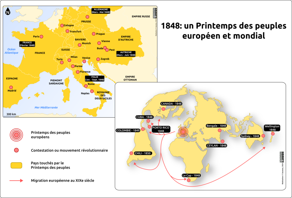 carte de synthèse représentant les insurrections et révolution de 1848 en Europe et dans le monde.