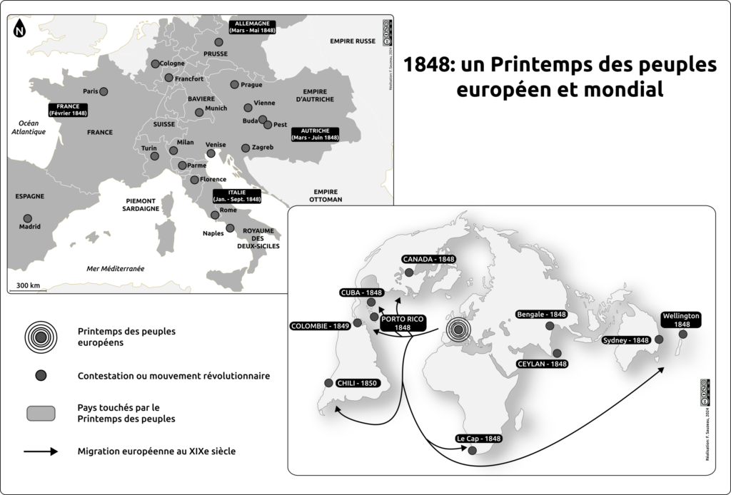 carte de synthèse en noir et blanc représentant les insurrections et révolution de 1848 en Europe et dans le monde.
