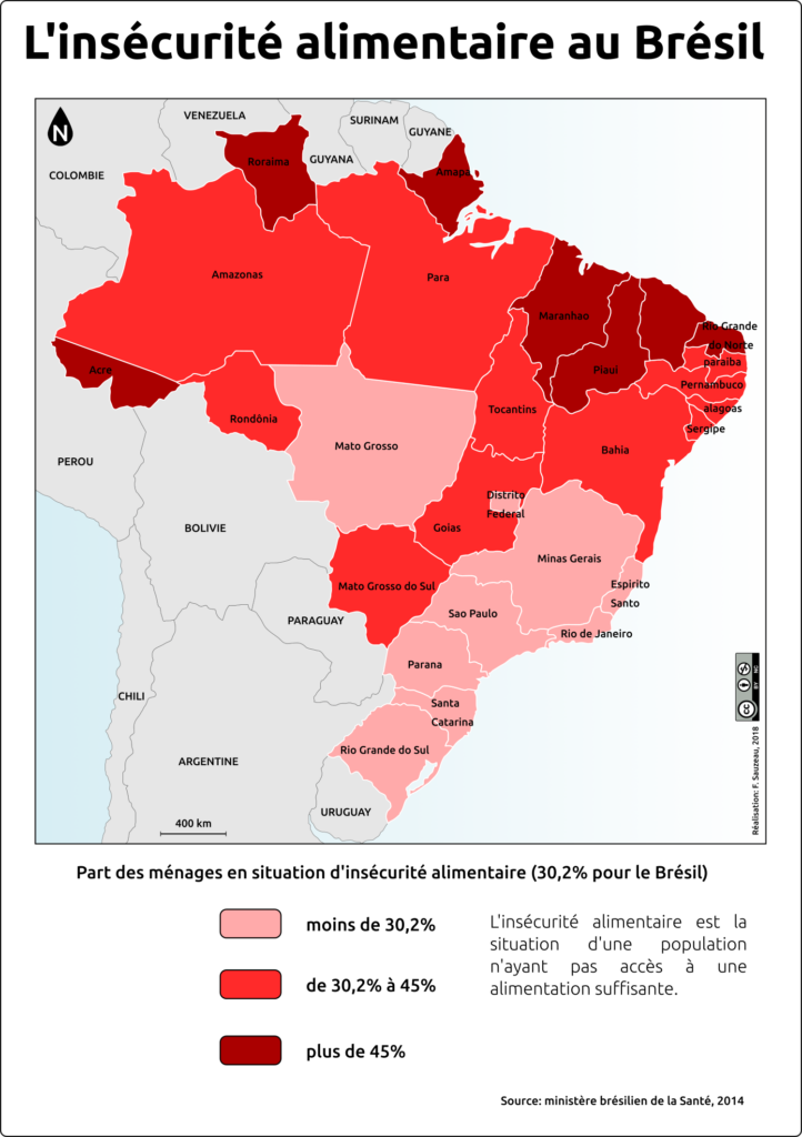 Carte du Brésil représentant par état la part des ménages en situation d'insécurité alimentaire