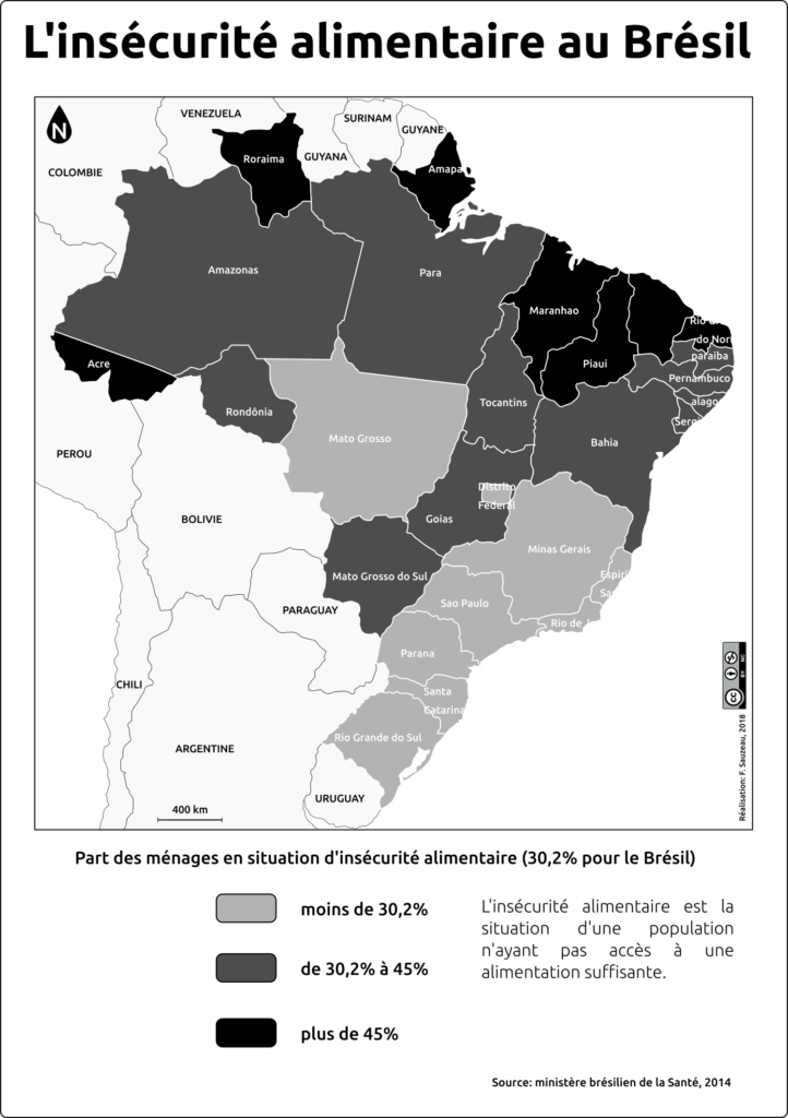 Carte en dégradé de gris du Brésil représentant par état la part des ménages en situation d'insécurité alimentaire