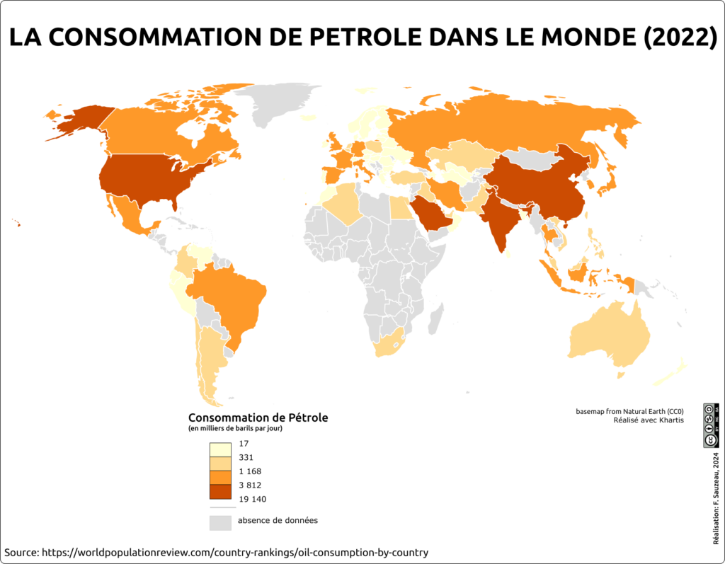 Planisphère représentant la consommation de pétrole par pays en milliers de barils par jour en 2022