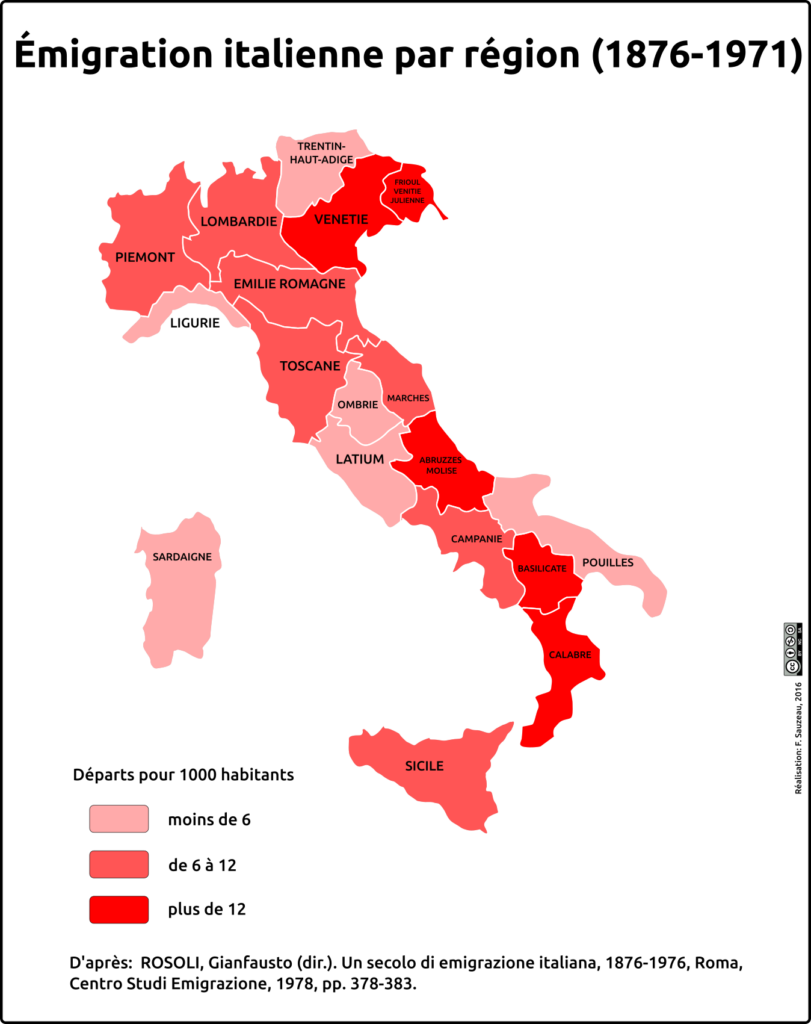 carte de l'émigration italienne par région de départ entre 1876 et 1971)