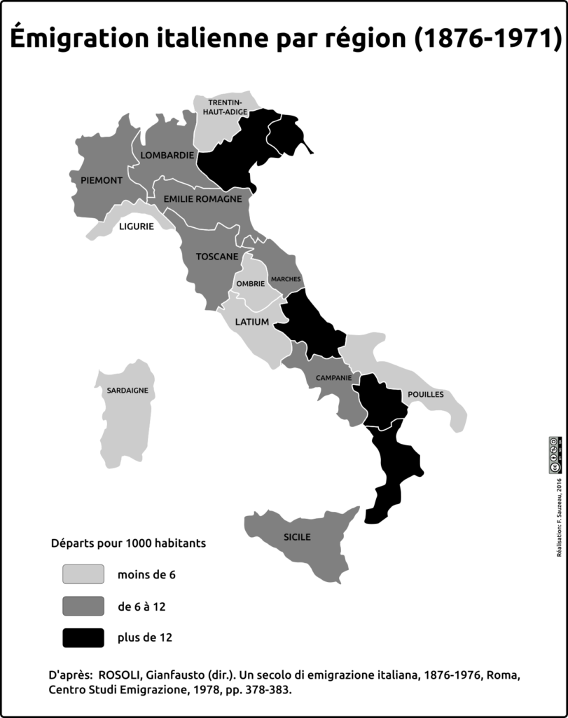 carte en niveau de gris de l'émigration italienne par région de départ entre 1876 et 1971)