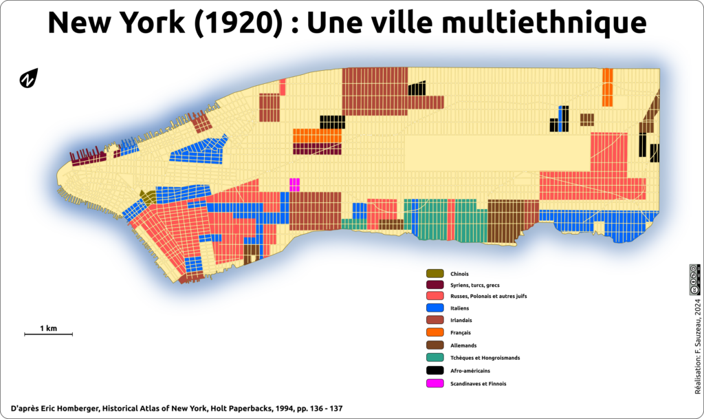 carte de Manhattan en 1920 montrant l'origine ethnique des districts