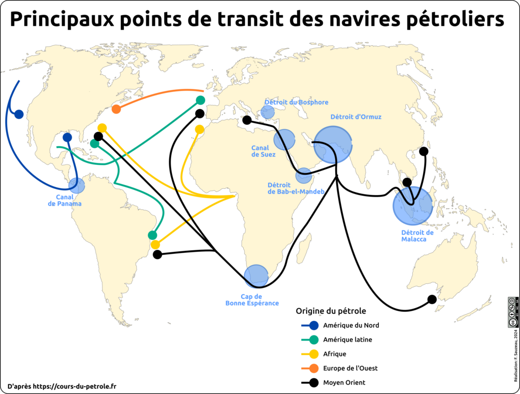 Planisphère représentant les principaux points de transit des navires pétroliers dans le monde.