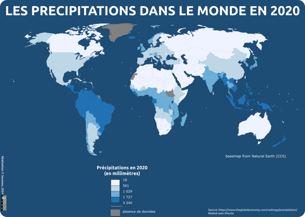 planisphère représentant les précipitations par pays dans le monde en 2020