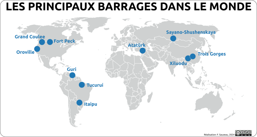 planisphère représentant les principaux barrages dans le monde