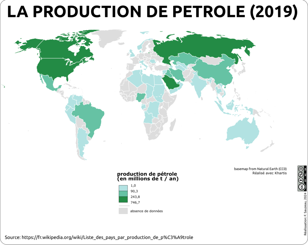 Planisphère représentant la production de pétrole par pays en millions de tonnes par an en 2019