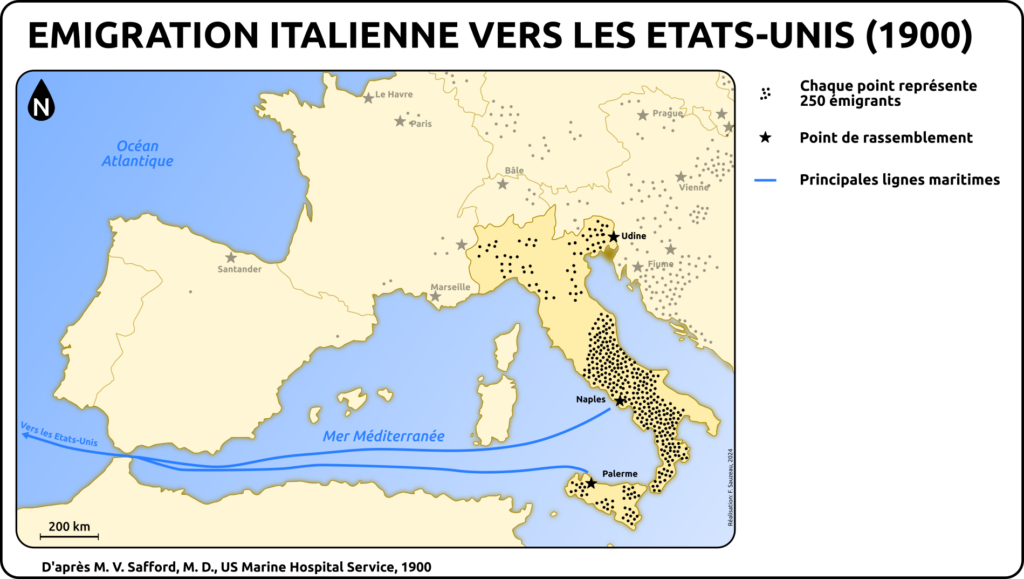 Carte représentant l'émigration italienne en 1900. Chaque point représente 250 migrants