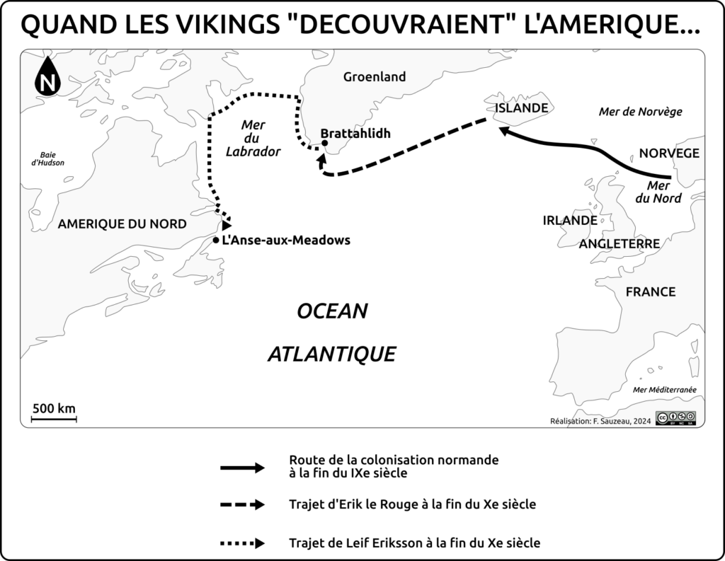 Carte noir et blanc des routes maritimes suivies par les Vikings vers l'Amérique du Nord
