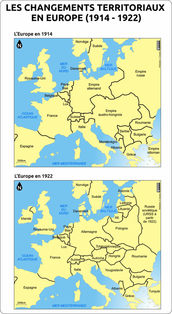 carte de l'Europe en 1914 et en 1922 illustrant les changements de frontières