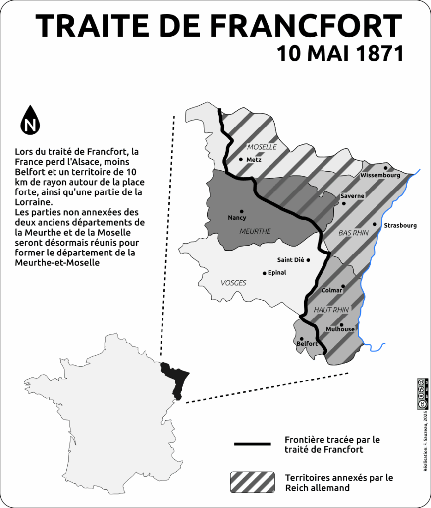 Carte noir et blanc illustrant les territoires annexés par le Reich allemand suite au traitéde Francfort de 1871