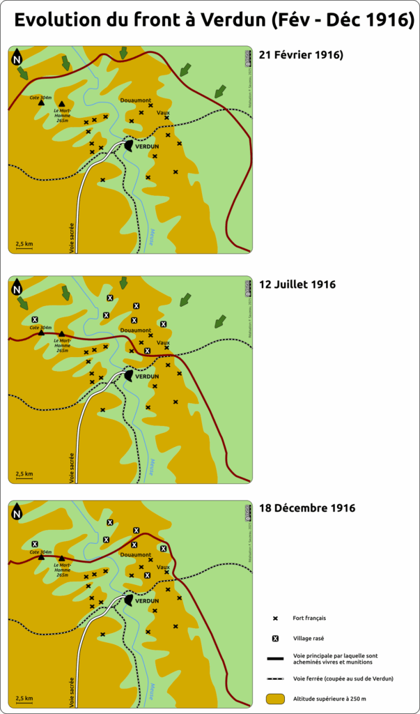 série de trois cartes montrant l'évolution du front entre février et décembre 1916