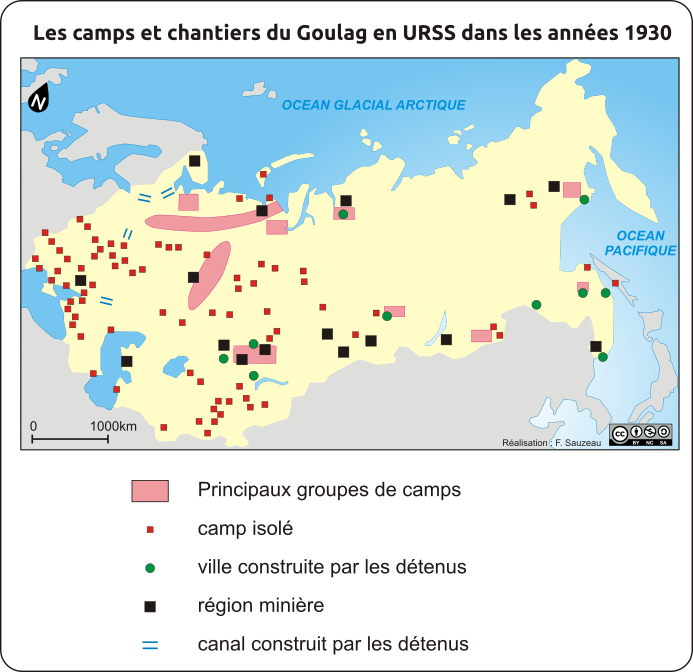 carte des camps et chantiers du goulag en URSS dans les années 1930.