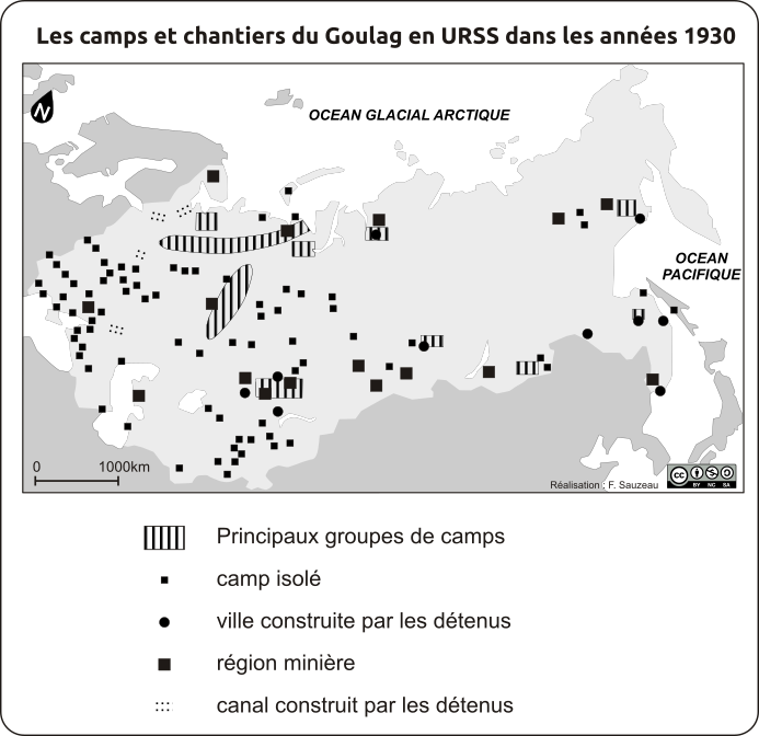 carte noir et blanc des camps et chantiers du Goulag en URSS dans les années 1930