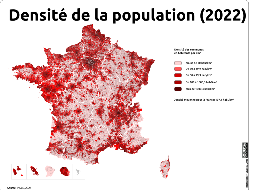 Carte des densité de population par commune en France