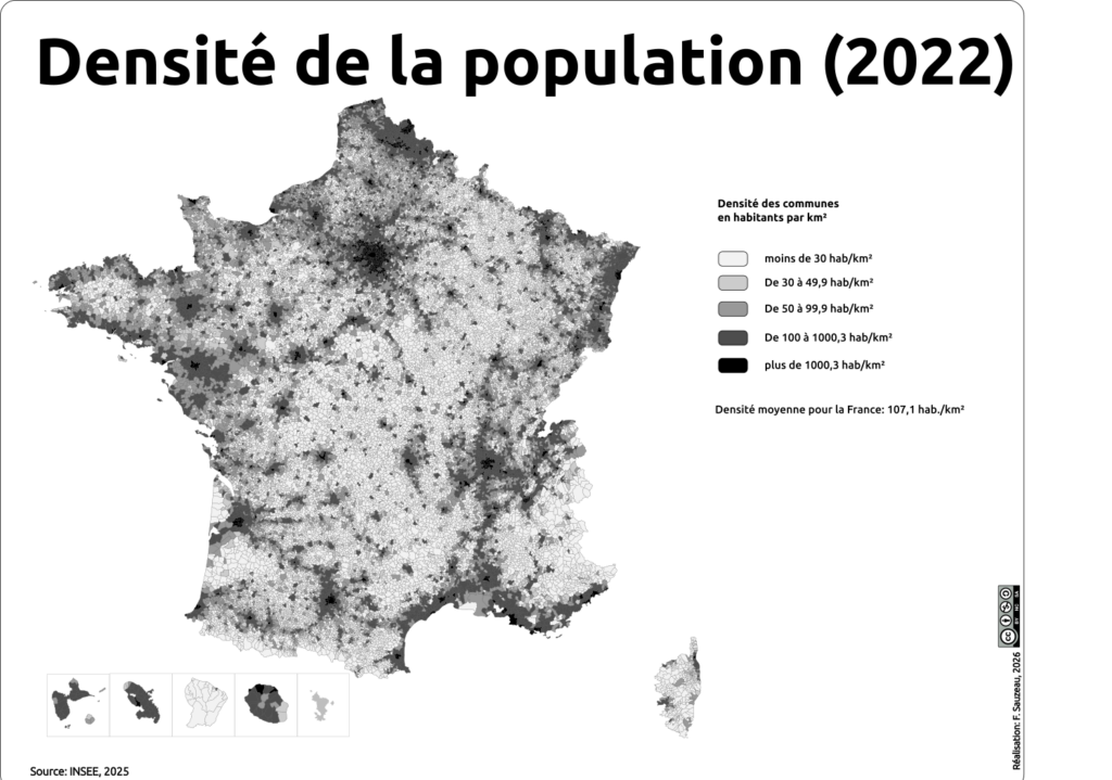 Carte noir et blanc des densité de population par commune en France